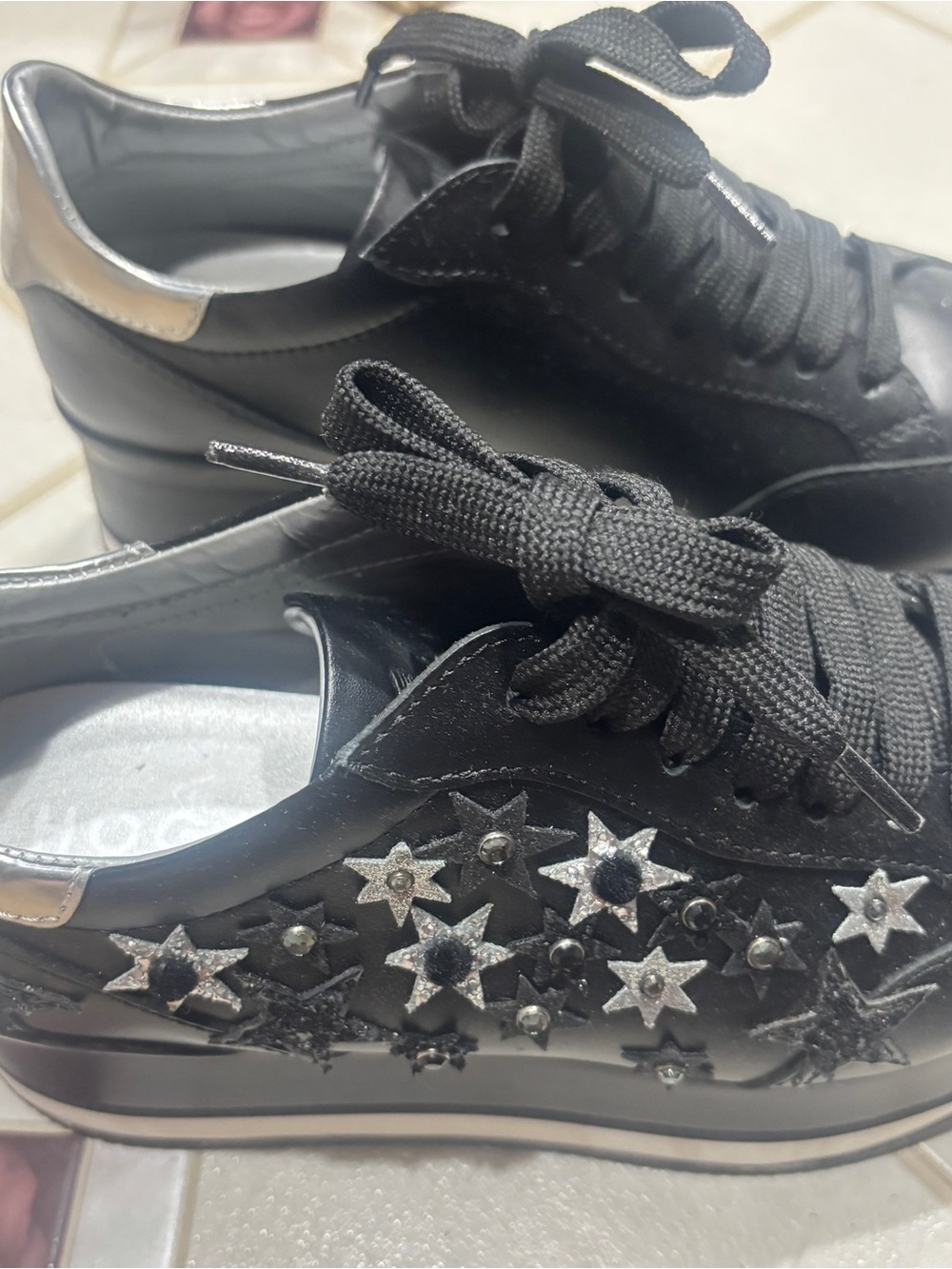 Hogan Black Leather Sneakers with Silver Star Embellishments